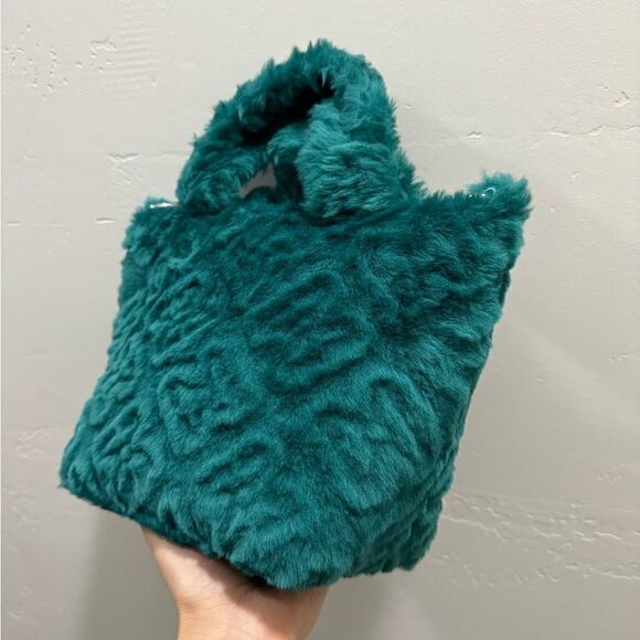 Turquoise Handmade Real Embossed Shearling Top Handle Bag, Fur Tote, Crossbody - Picture 10 of 14